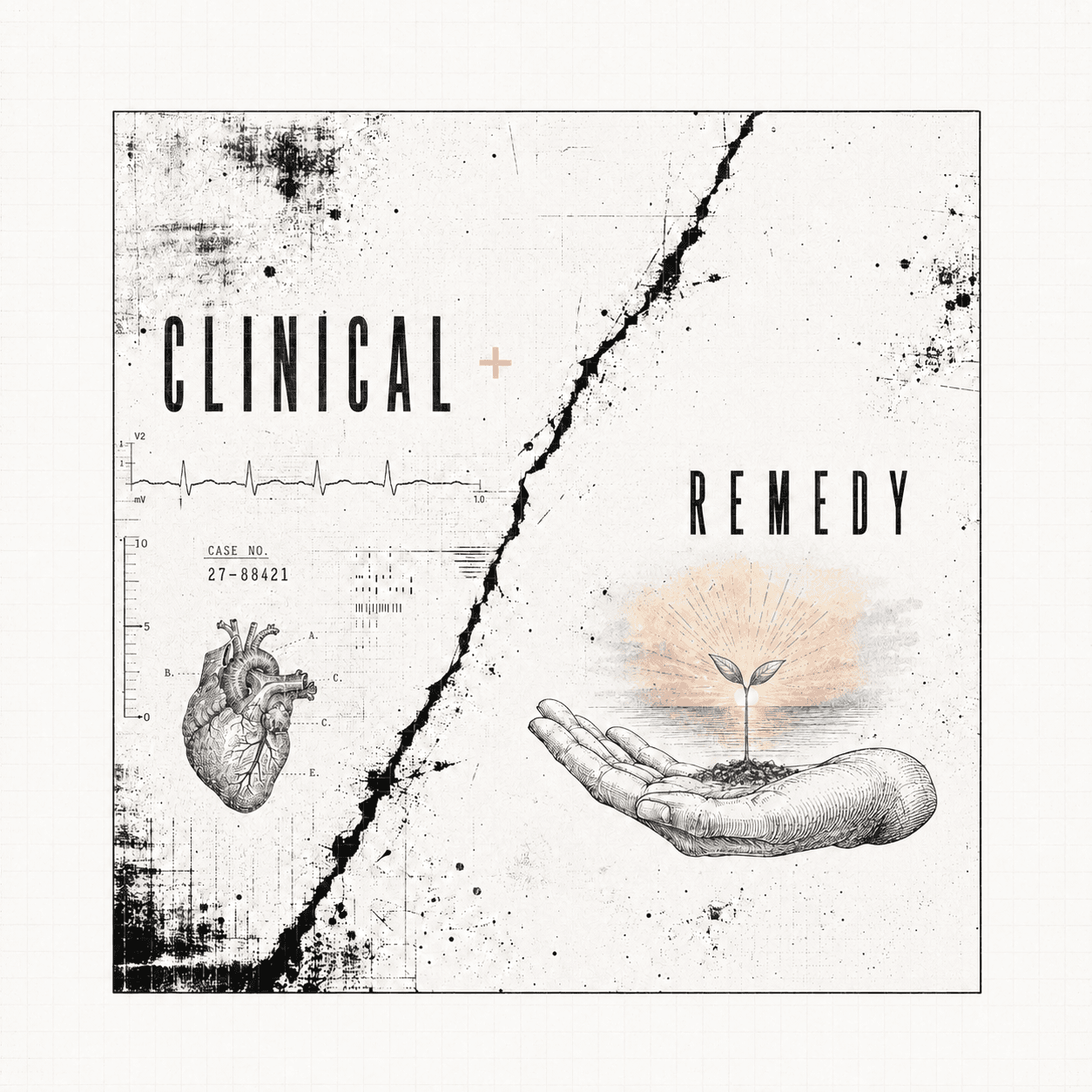Clinical + Remedy cover art: a page split by a crack, an anatomical heart on the clinical side and a hand holding a seedling before a sunrise on the remedy side
