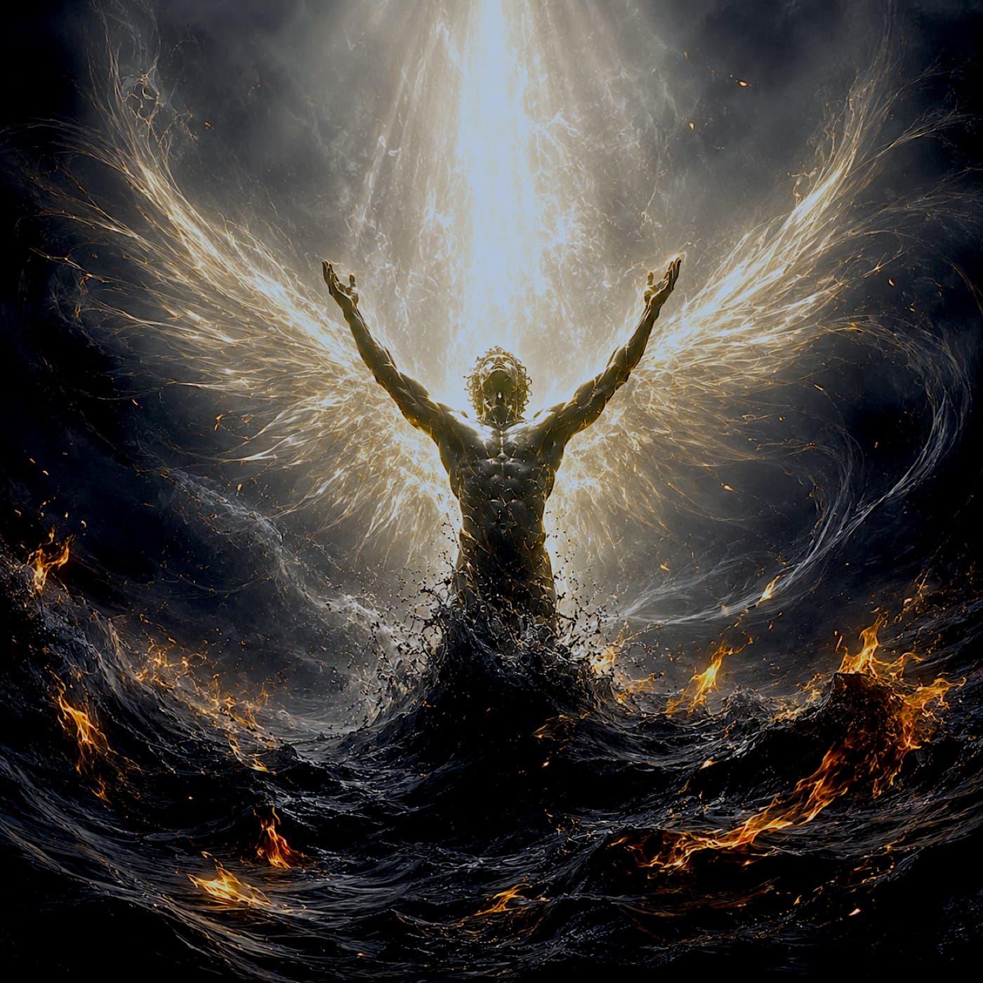 Metamorphosis cover art: a figure with wings of light rises from a dark, burning sea, arms raised toward a column of light breaking through the clouds