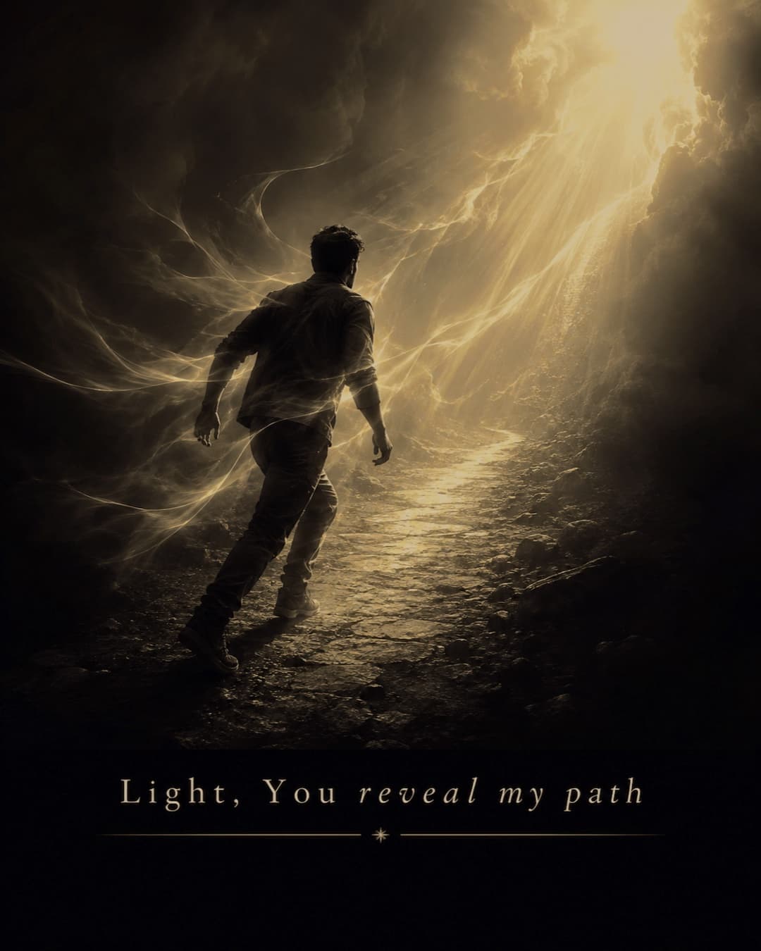 Campaign card: a figure walks a stone path toward brilliant light breaking through clouds, captioned 'Light, You reveal my path'