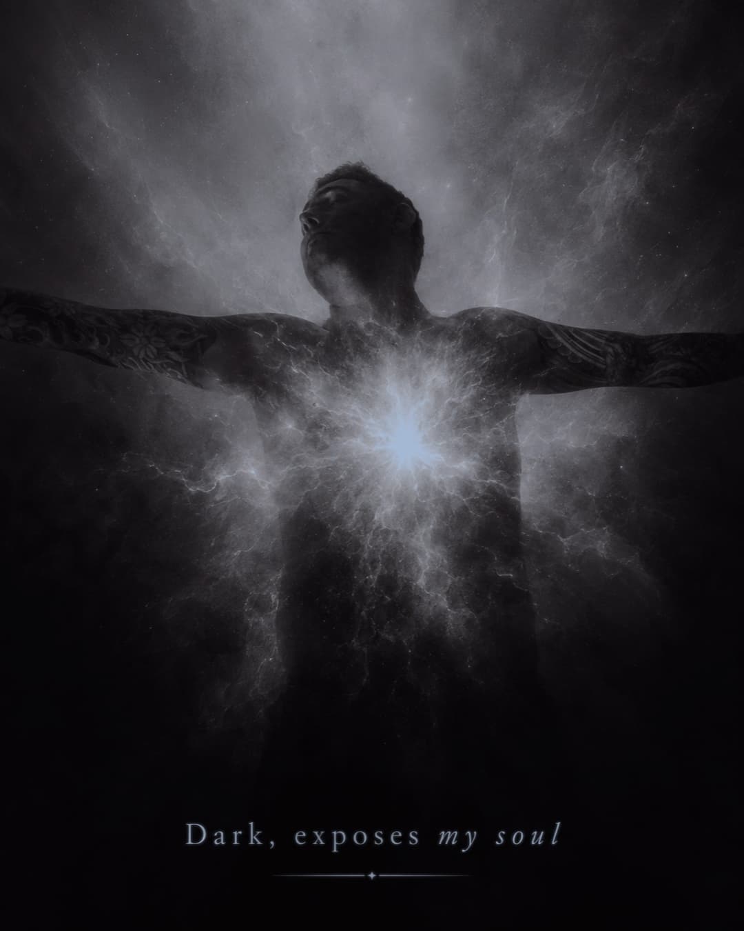 Campaign card: a figure with arms spread wide, light bursting from the chest against darkness, captioned 'Dark, exposes my soul'