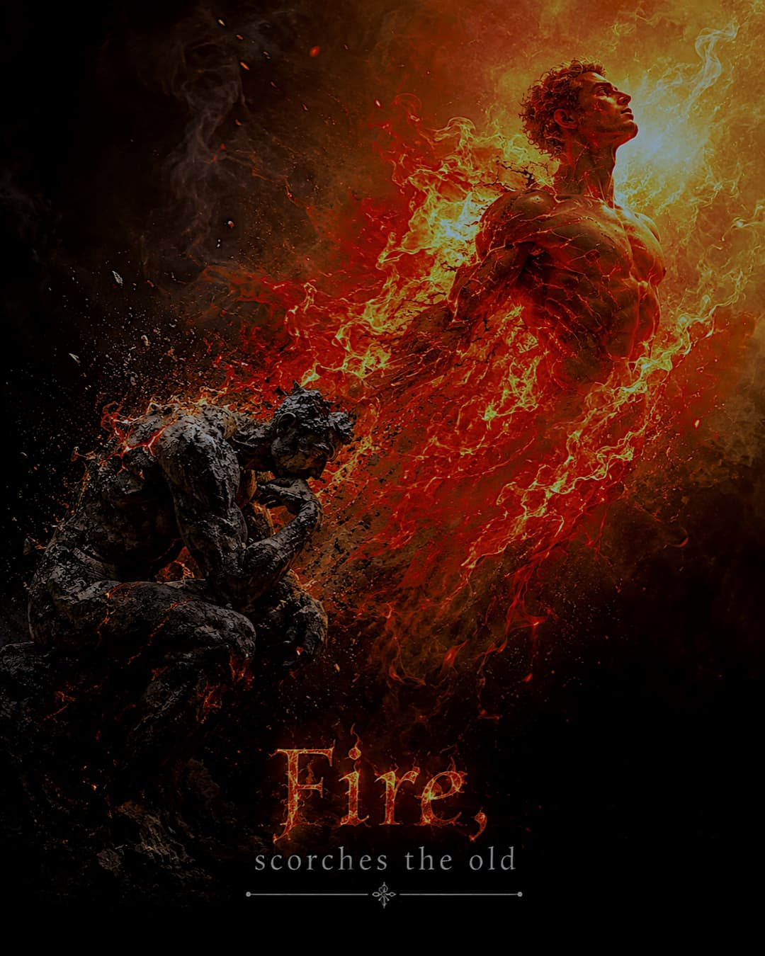 Campaign card: a burning figure rises out of a crumbling stone form, captioned 'Fire, scorches the old'