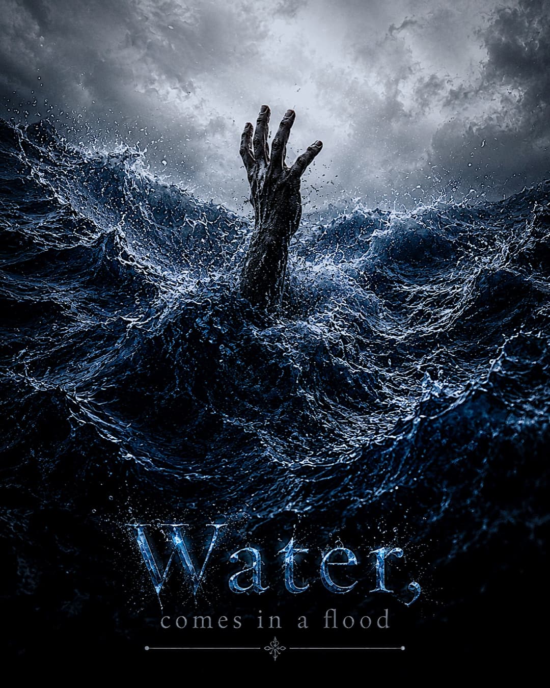 Campaign card: a hand reaches up out of a stormy sea, captioned 'Water, comes in a flood'