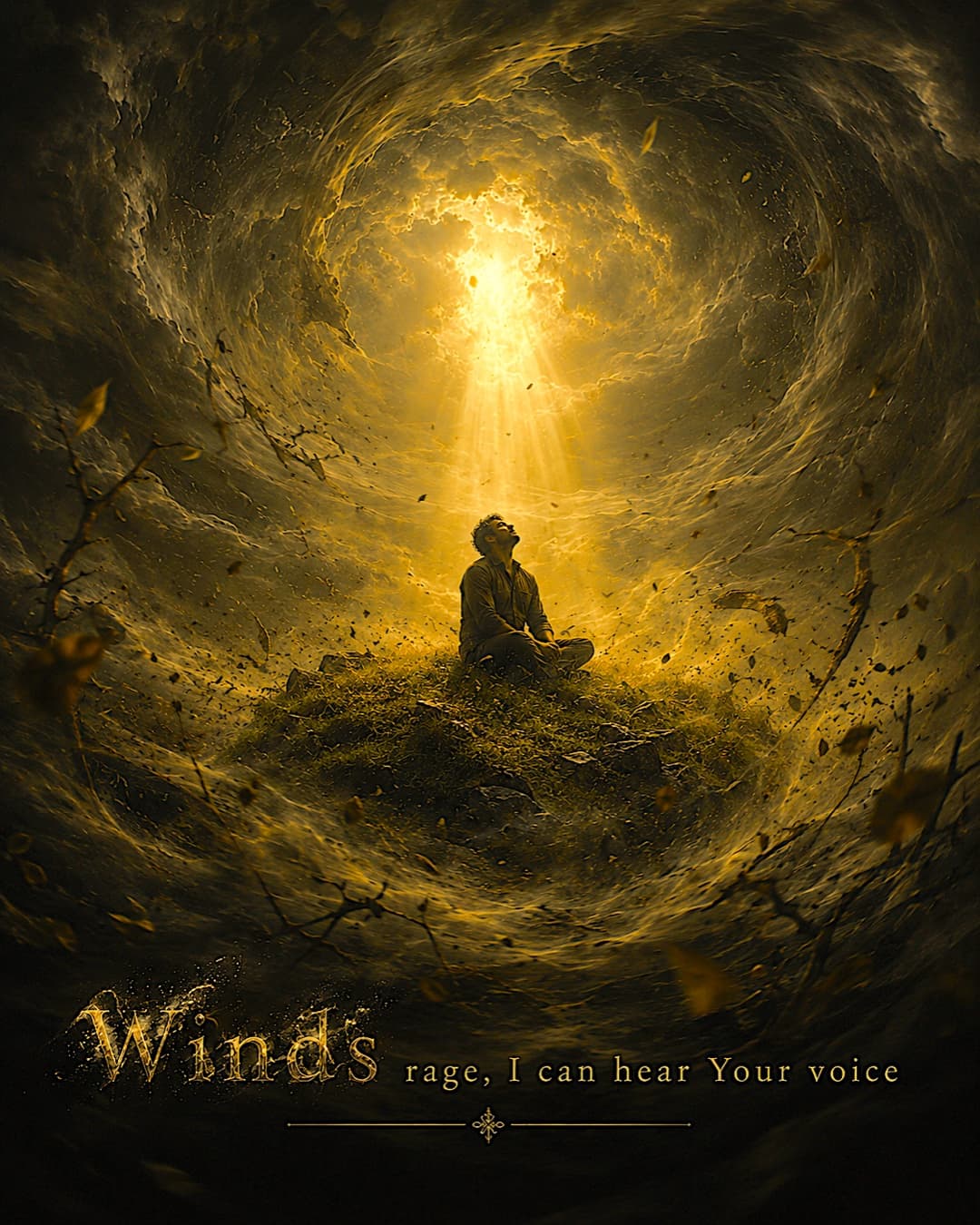 Campaign card: a man sits on a hilltop inside a golden vortex of wind and leaves, looking up into light, captioned 'Winds rage, I can hear Your voice'